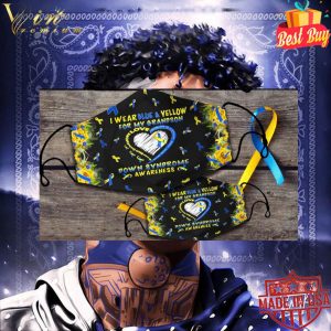 I wear blue & yellow for my grandson Down Syndrome awareness face mask 5
