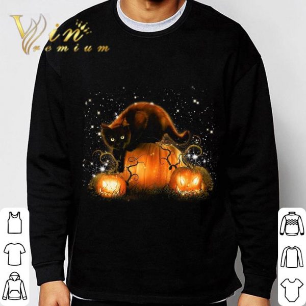 Black Cat In Magical Night Pumpkins Halloween shirt 3