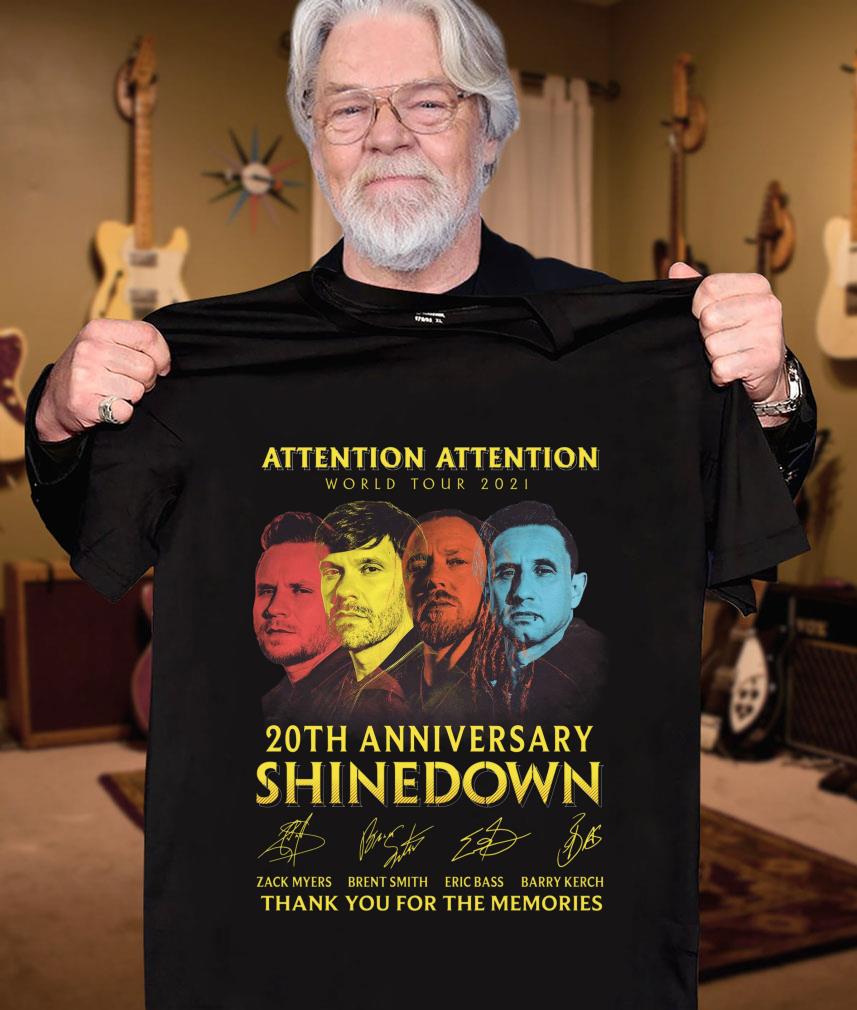 Original 2021 ATTENTION ATTENTION World Tour 20th anniversary Shinedown signatures thank memories shirt 12 2021 ATTENTION ATTENTION World Tour 20th anniversary Shinedown signatures thank memories shirt
