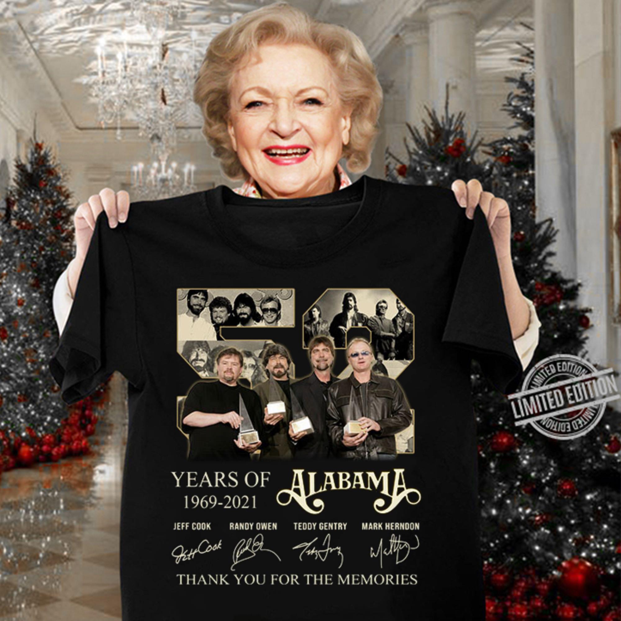 52 years of 1969-2021 Alabama thank you for the memories signatures shirt, Jeff Cook, Randy Owen, Teddy Gentry, Mark Herndon