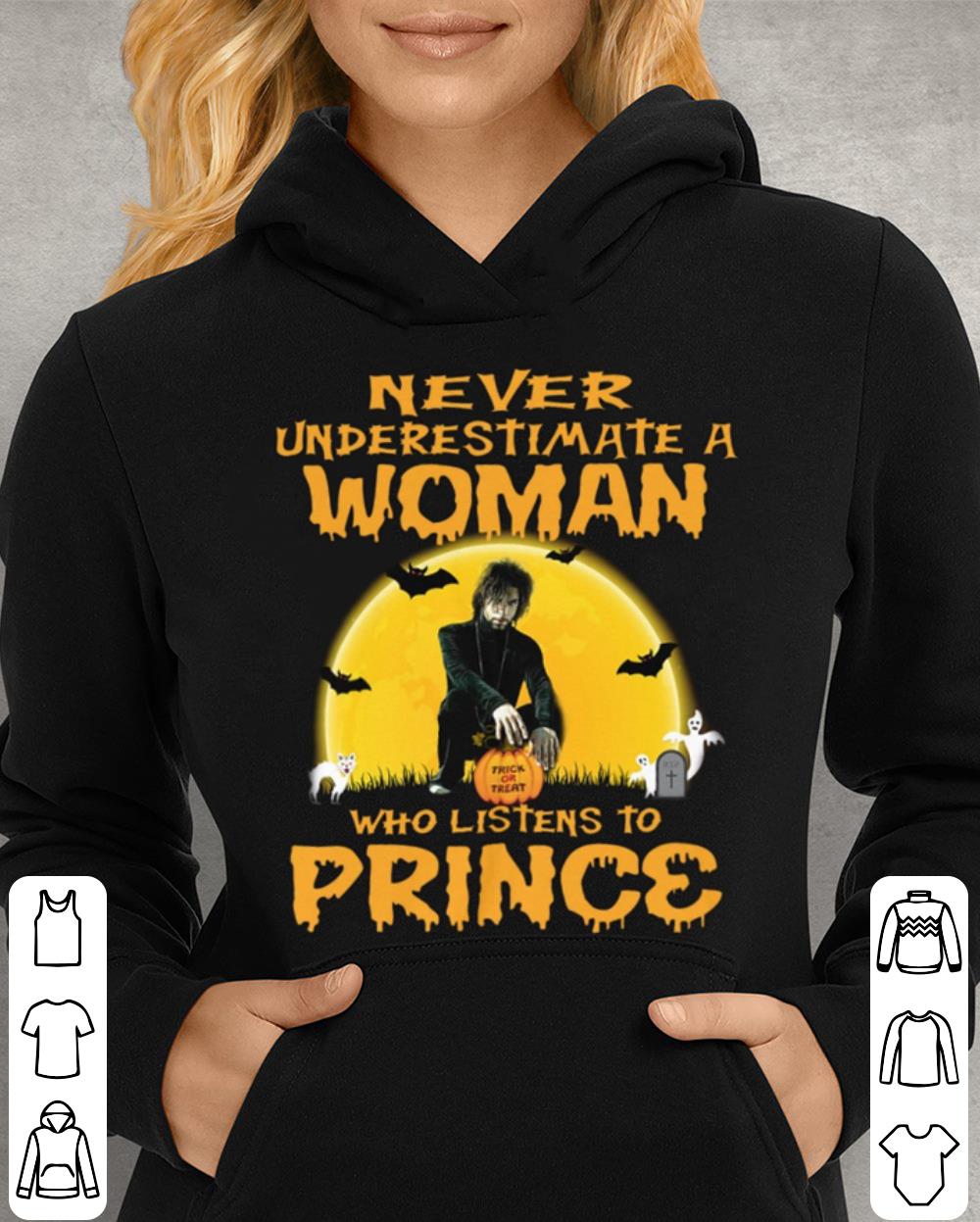 Best Halloween Never underestimate a woman trick or treat who listens to Prince shirt 4