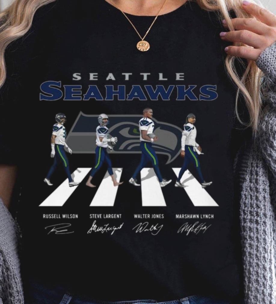 Funny Seattle Seahawks Abbey Road Signatures Shirt, Russell Wilson, Steve Largent, Walter Jones, Marshawn Lynch 11 Seattle Seahawks Abbey Road Signatures Shirt, Russell Wilson, Steve Largent, Walter Jones, Marshawn Lynch