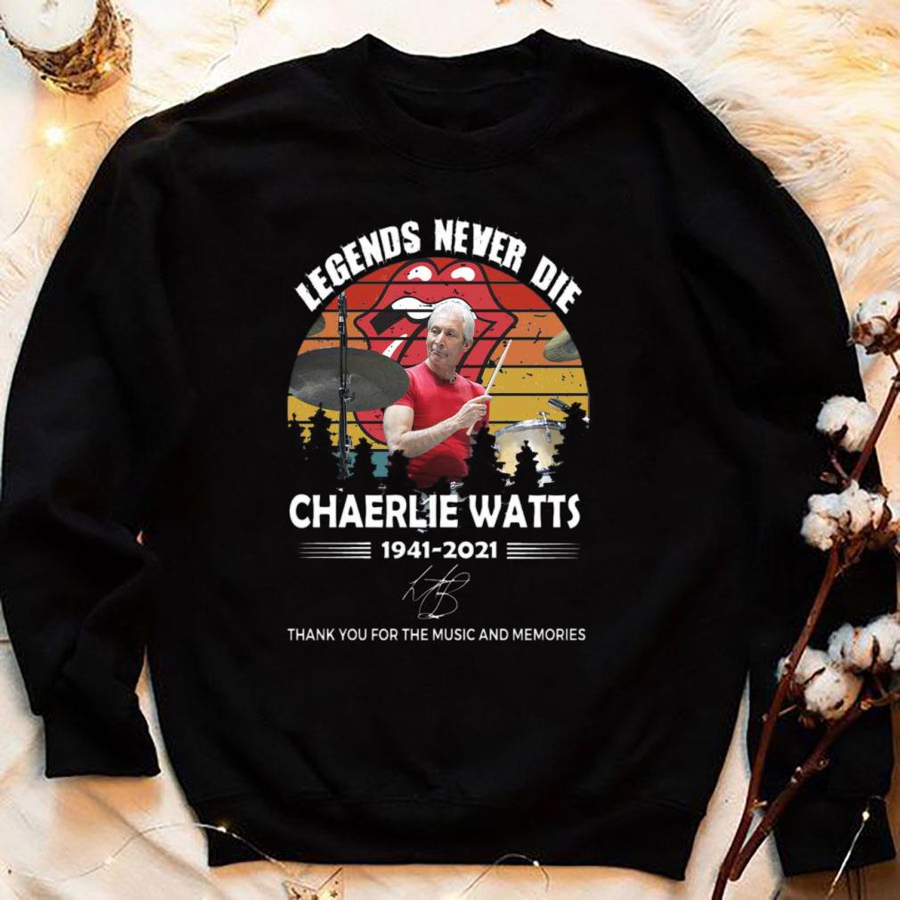 Awesome Vintage Sunset Legends Never Die Charlie Watts 1941-2021 signature thank you for the music and memories shirt 4