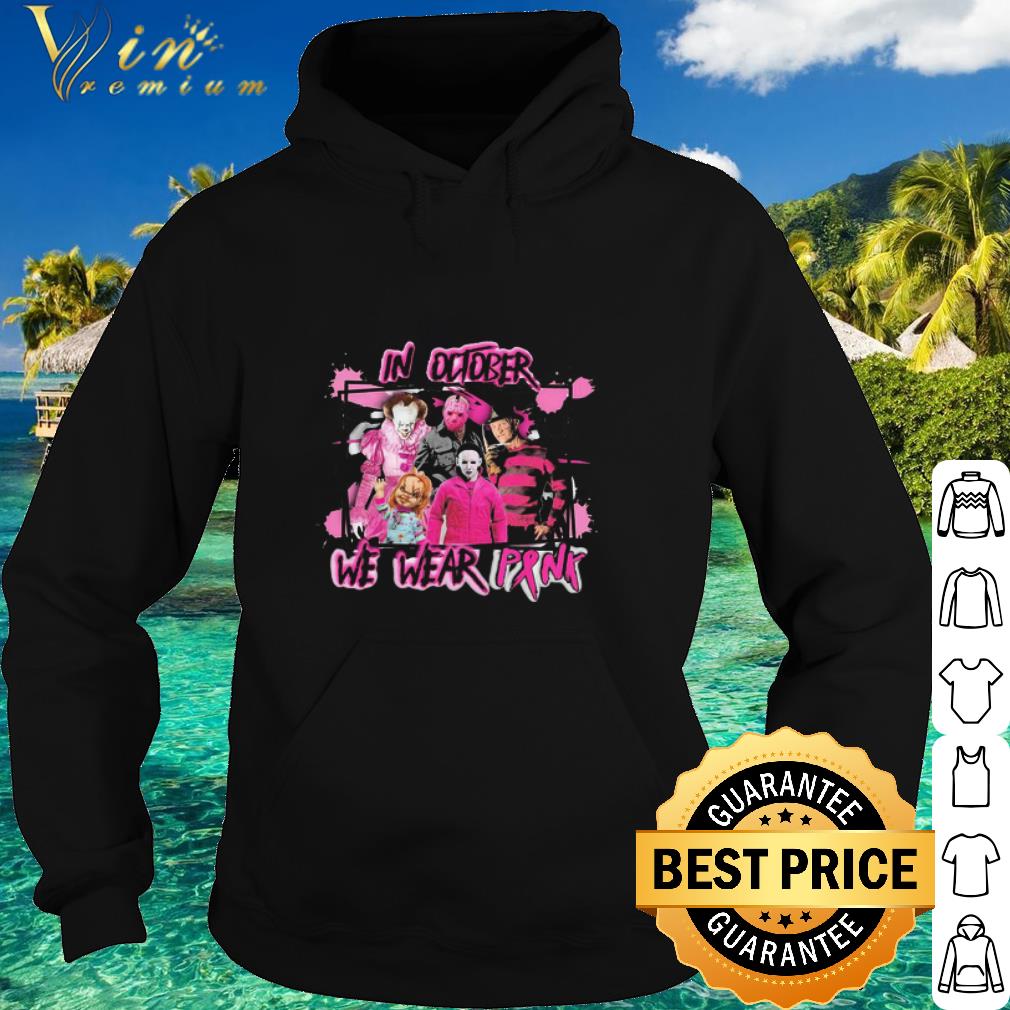 Cool Horror Movie Characters In October We Wear Pink Breast Cancer shirt