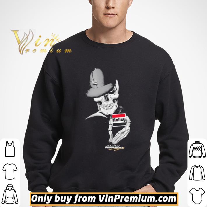 Skeleton holding holley performance shirt