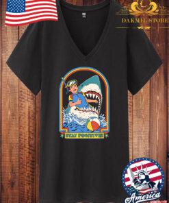 Vintage Retro Comedy Funny Stay Positive Shark Attack V Neck