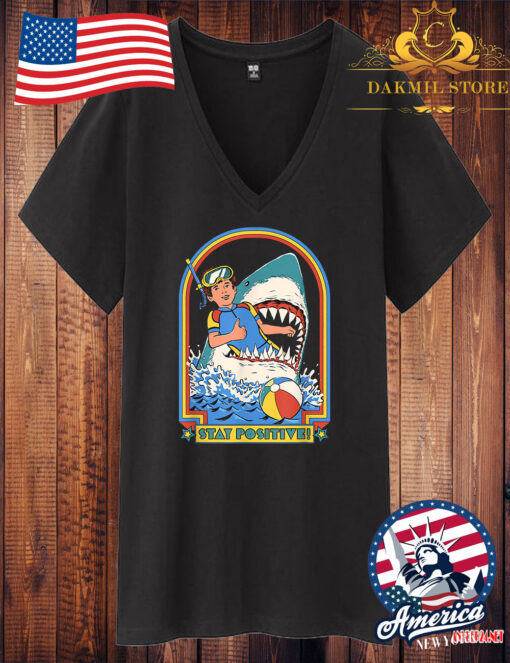 Vintage Retro Comedy Funny Stay Positive Shark Attack V Neck