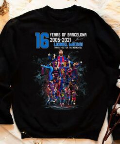 Premium 16 years of M10 Lionel Messi Barcelona 2005-2021 signature thank you for the memories shirt 7