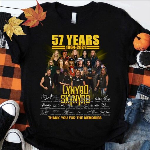 Awesome 57 Years of Lynyrd Skynyrd Band Rock 1964-2021 Signatures Thank You For The Memories Shirt 1
