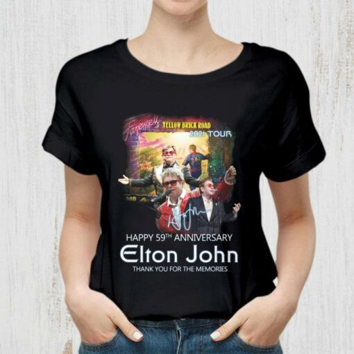 Official Forever Yellow Brick Road 2021 Tour Happy 59th Anniversary Elton John Signature Thank You For The Memories Shirt 2