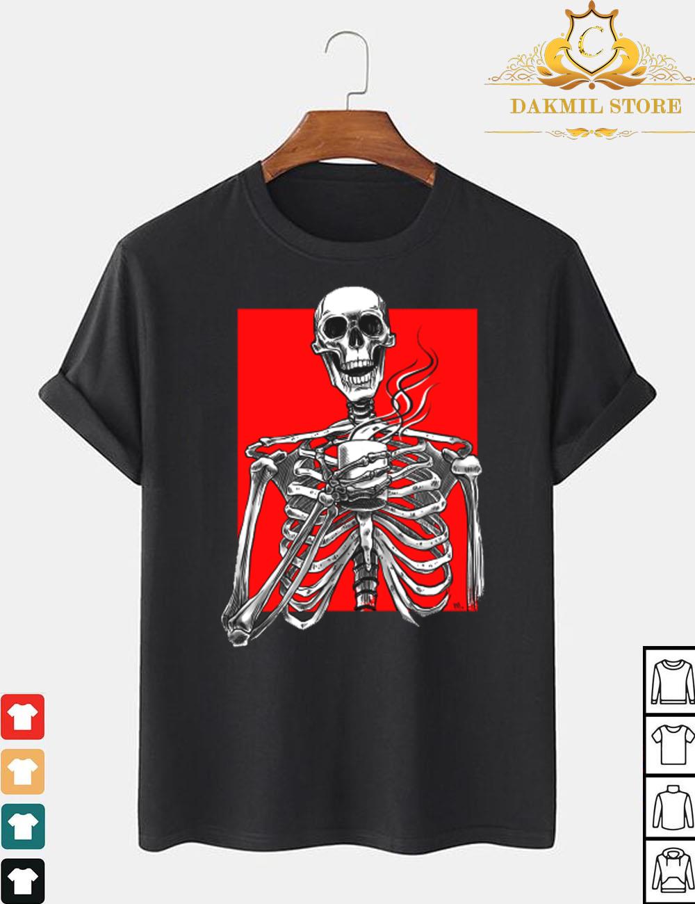 Funny Halloween skeleton drinking coffee red shirt