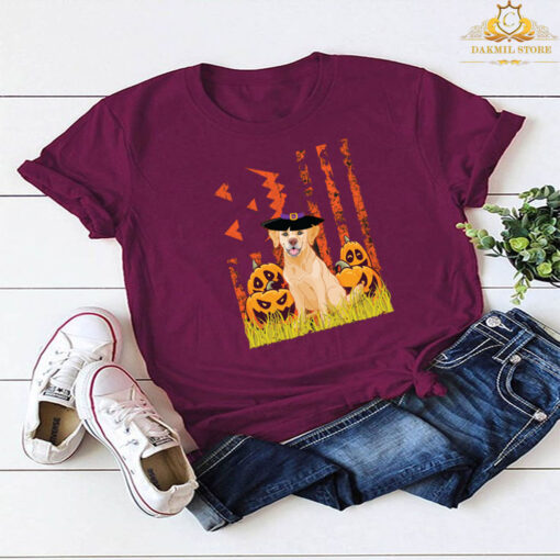 Happy Halloween US Flag Labrador Dog witch pumpkins T-shirt