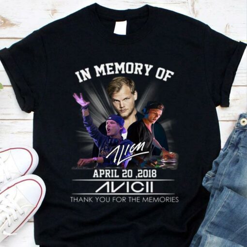 Premium RIP Avicii In Memory Of April 20 2018 thank you for the memories signature shirt 1