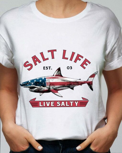 Original Shark USA Flag Salt Life Live Salty America Shirt 2