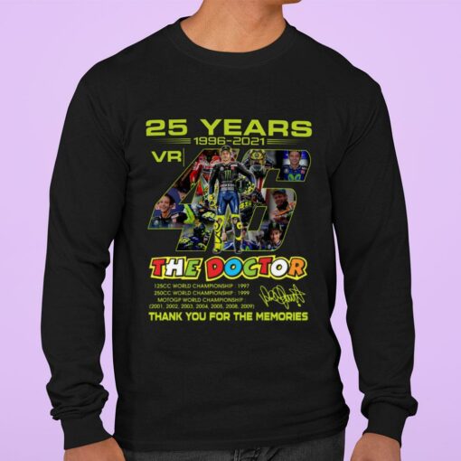 Original Valentino Rossi VR46 The Doctor 25 years MotoGP World Championship signature thank you for the memories shirt 3