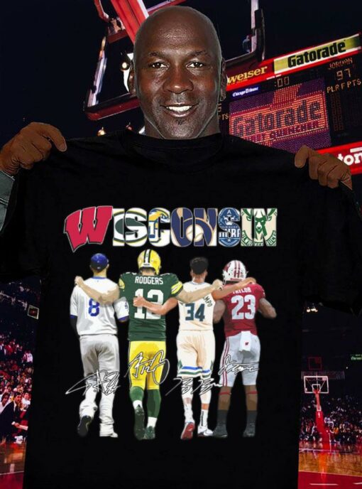 Official Wisconsin Badgers Green Bay Packers Milwaukee Brewers Milwaukee Bucks Signatures Shirt 3