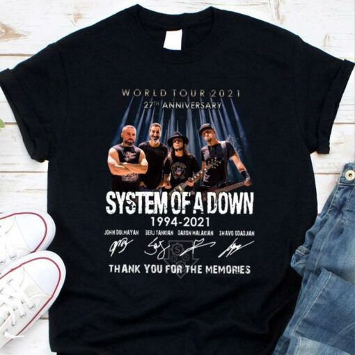 Awesome 27th anniversary System Of A Down 1994-2021 World Tour 2021 thank you for the memories signatures shirt, John Dolmayan, Serj Tankian, Daron Malakian, Shavo Odadjian 1