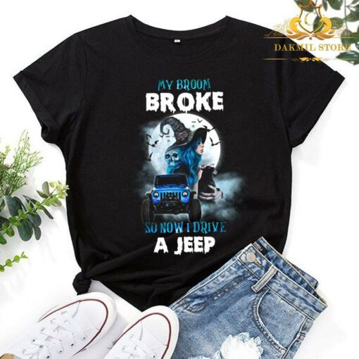 Awesome My Broom Broke So Now I Drive A Jeep Witch Halloween Shirt 1