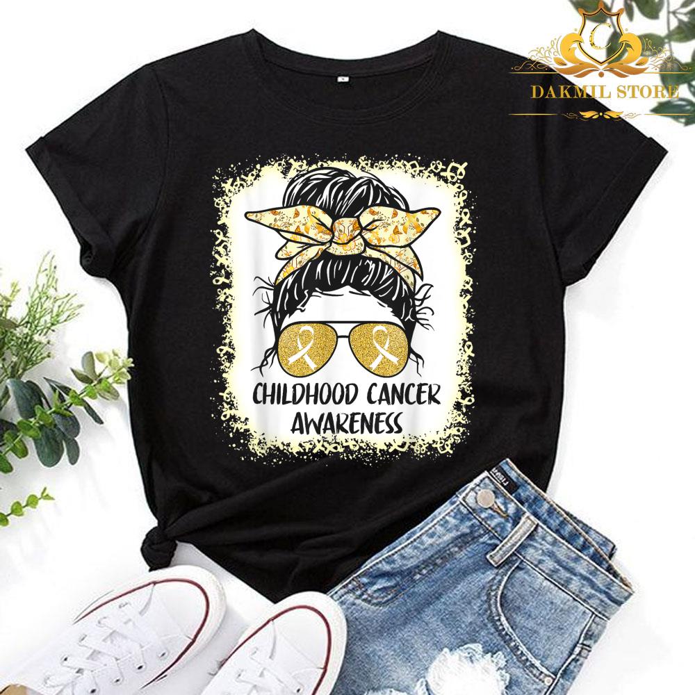 Childhood Cancer Awareness Floral Gold Ribbon Messy Bun T-Shirt