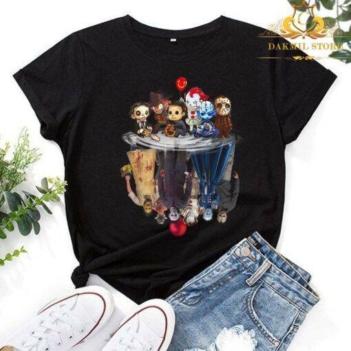 Cute Horror Movie Chibi Character Water Reflection Halloween Shirt,Halloween Chibi Horror Friends T-Shirt 1