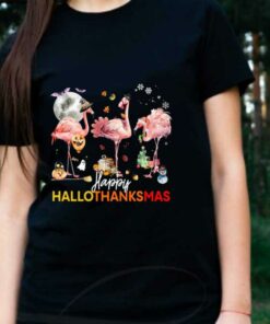 Flamingo Witch Santa Claus Christmas Shirt, Flamingo Happy Hallothanksmas Shirt 5