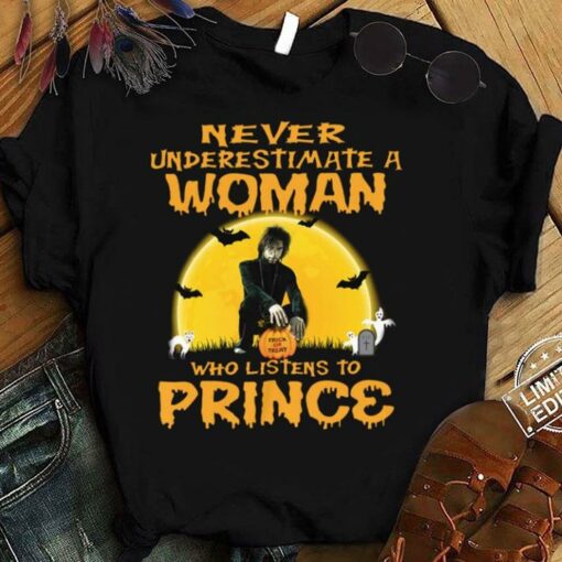 Premium Halloween Never underestimate a woman trick or treat who listens to Prince shirt 1