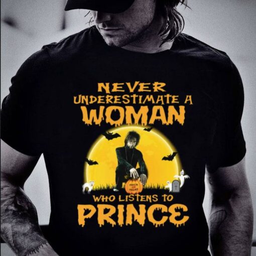 Premium Halloween Never underestimate a woman trick or treat who listens to Prince shirt 2
