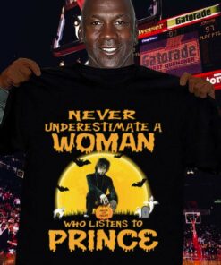 Premium Halloween Never underestimate a woman trick or treat who listens to Prince shirt 6
