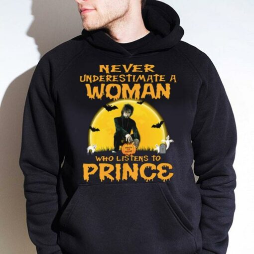Premium Halloween Never underestimate a woman trick or treat who listens to Prince shirt 4