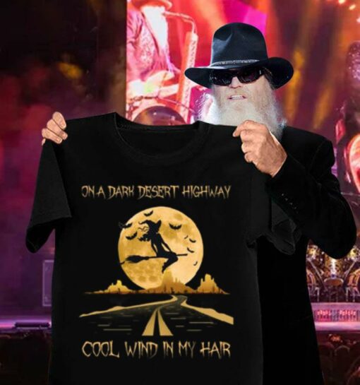Awesome Halloween witch moon on a dark desert highway cool wind in my hair shirt 3