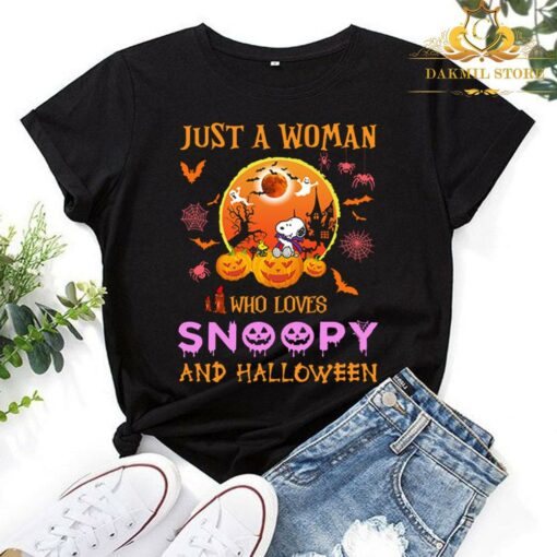 Just A Woman Who Loves Snoopy And Halloween Shirt,Halloween Gift shirt ,Pumpkin Shirt, Disney Halloween Shirts, Snoopy Cartoon Chibi Art Halloween Party, 1