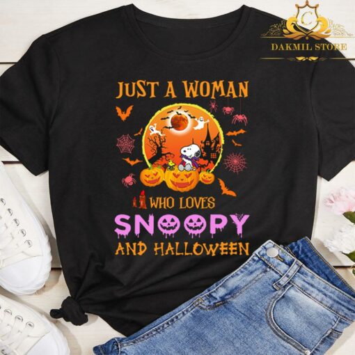 Just A Woman Who Loves Snoopy And Halloween Shirt,Halloween Gift shirt ,Pumpkin Shirt, Disney Halloween Shirts, Snoopy Cartoon Chibi Art Halloween Party, 3