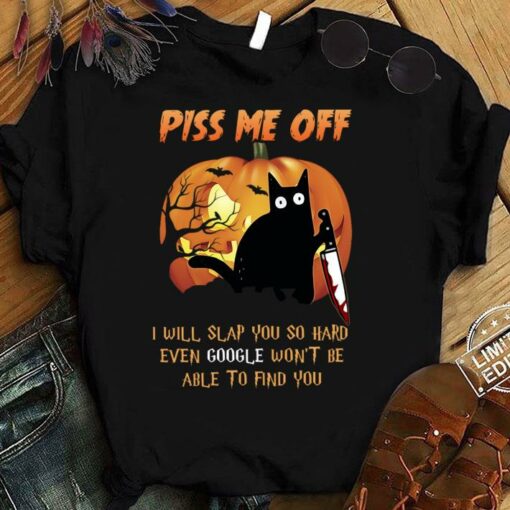 Official Pumpkin black cat knife piss me off i will slap you so hard even google Halloween shirt 1