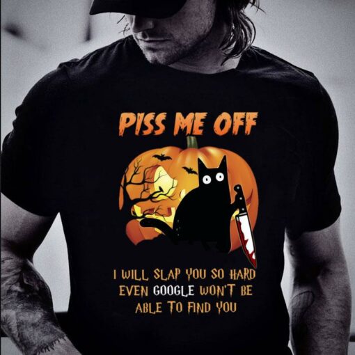Official Pumpkin black cat knife piss me off i will slap you so hard even google Halloween shirt 2
