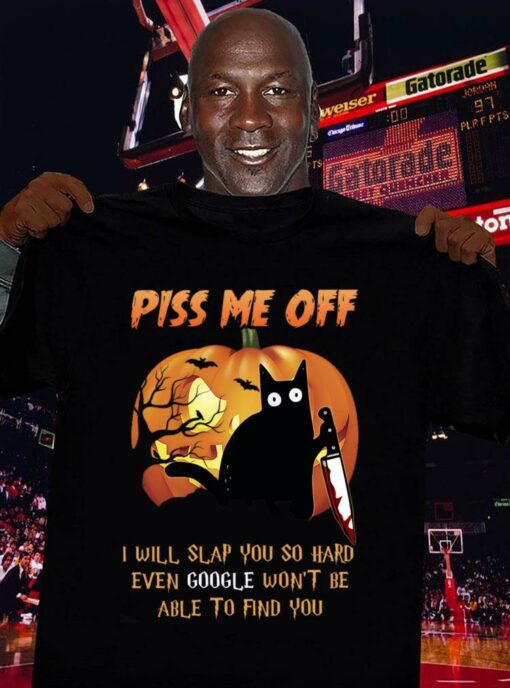 Official Pumpkin black cat knife piss me off i will slap you so hard even google Halloween shirt 3