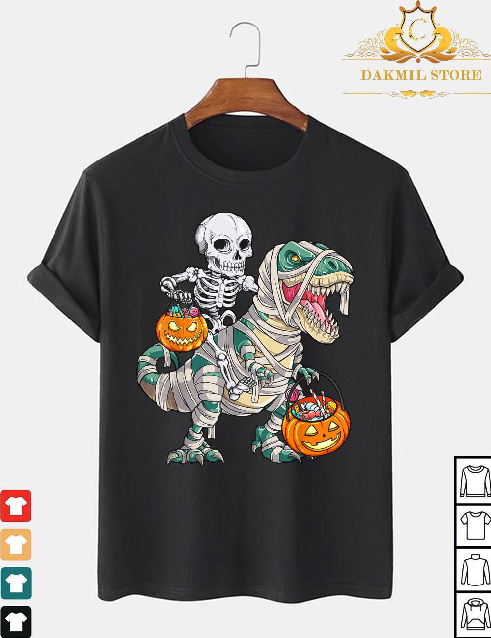 Skeleton Riding Mummy Dinosaur T rex Halloween Funny Pumpkin Shirt
