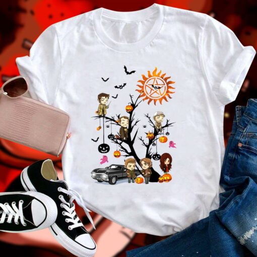 Premium Supernatural Characters Boo Ghost Pumpkin Halloween Tree Shirt 1