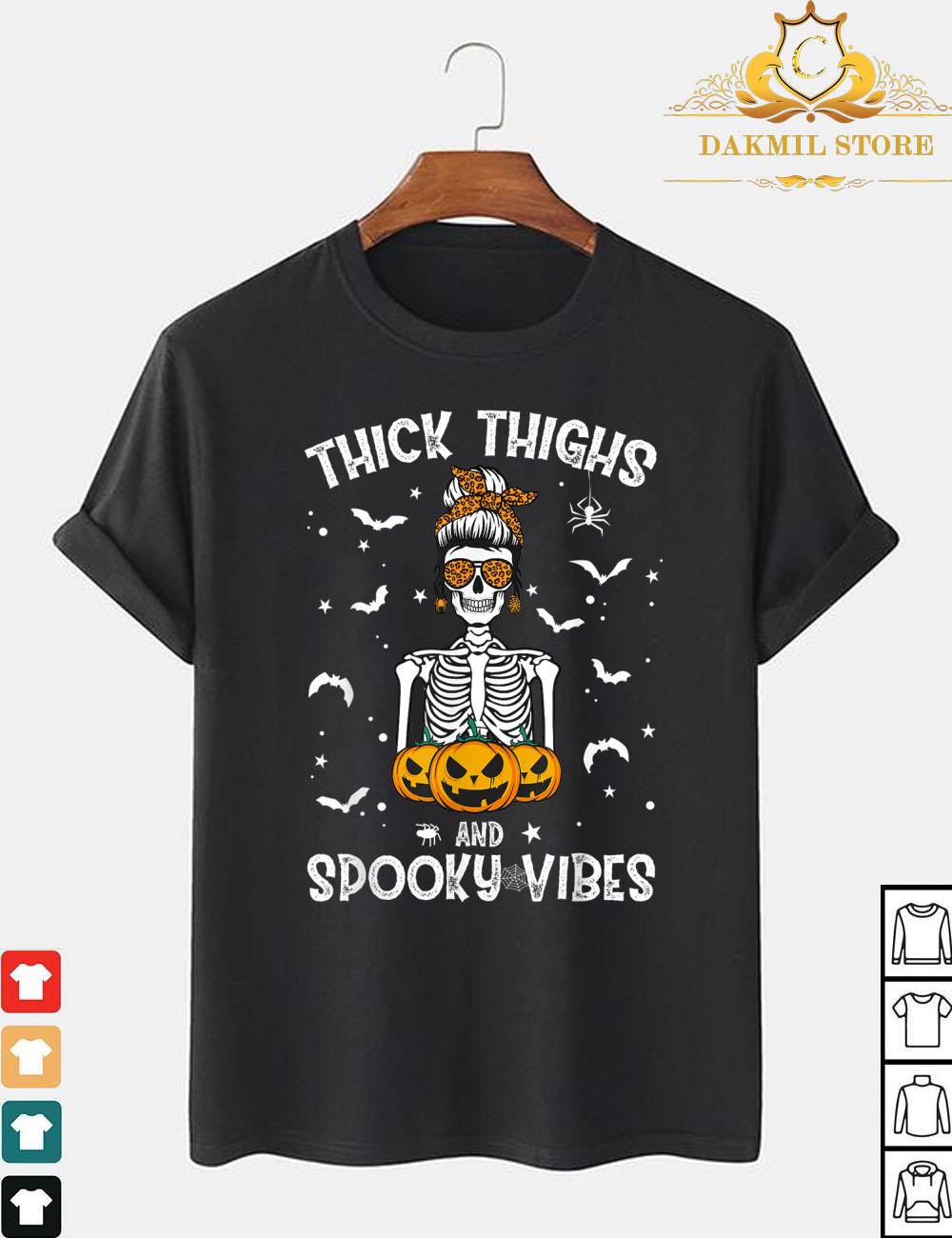 Thick Thighs And Spooky Vibes Messy Bun Women Halloween Shirt