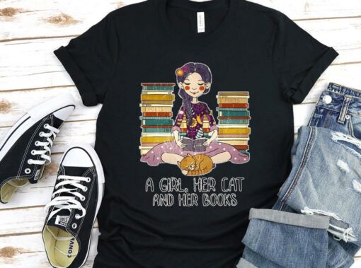 Vintage A Girl Her Cat And Her Books Shirt, Just A Girl Who Loves Books And Cat Shirt 1