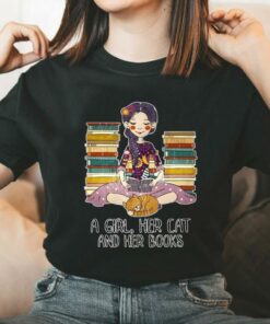Vintage A Girl Her Cat And Her Books Shirt, Just A Girl Who Loves Books And Cat Shirt 5