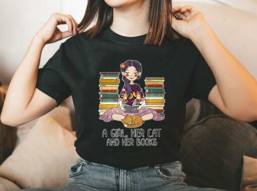 Vintage A Girl Her Cat And Her Books Shirt, Just A Girl Who Loves Books And Cat Shirt 2