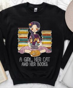 Vintage A Girl Her Cat And Her Books Shirt, Just A Girl Who Loves Books And Cat Shirt 6