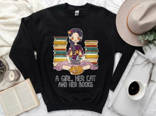 Vintage A Girl Her Cat And Her Books Shirt, Just A Girl Who Loves Books And Cat Shirt 3