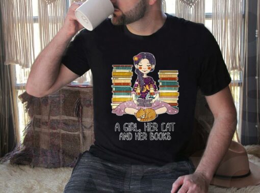 Vintage A Girl Her Cat And Her Books Shirt, Just A Girl Who Loves Books And Cat Shirt 4