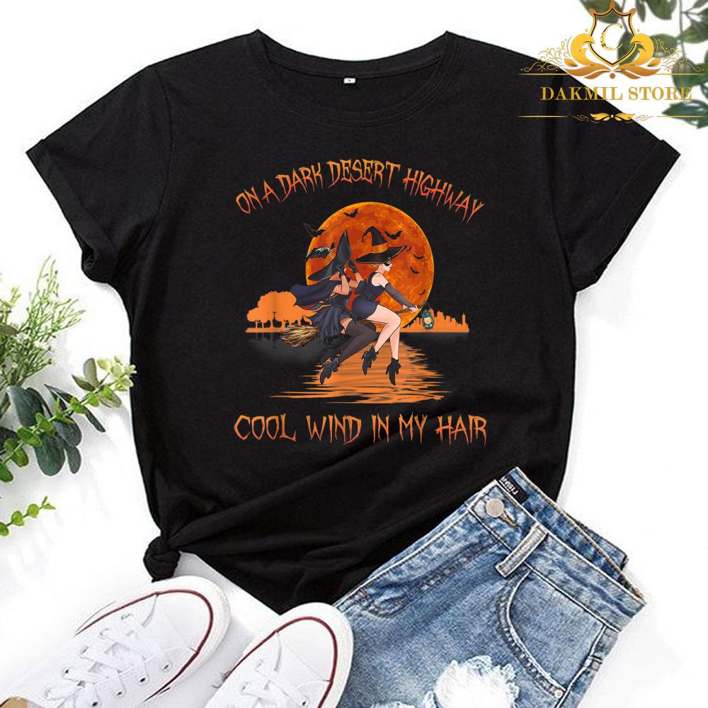 Witch Riding Brooms On A Dark Desert Highways Halloween Shirt For Men and Women