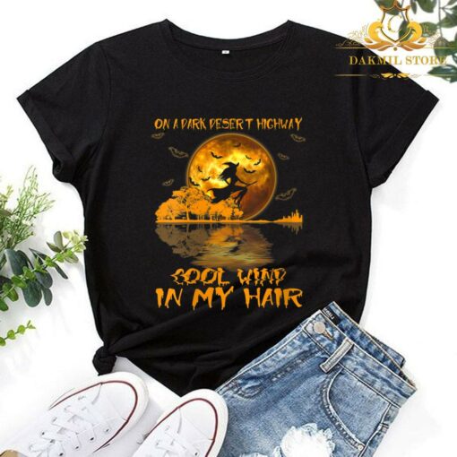 Womens Witch Riding Brooms On A Dark Desert Highways Halloween Cool T-Shirt 1