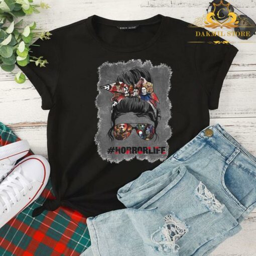 womens Messy Bun Horror Life Mom Halloween T-Shirt 2